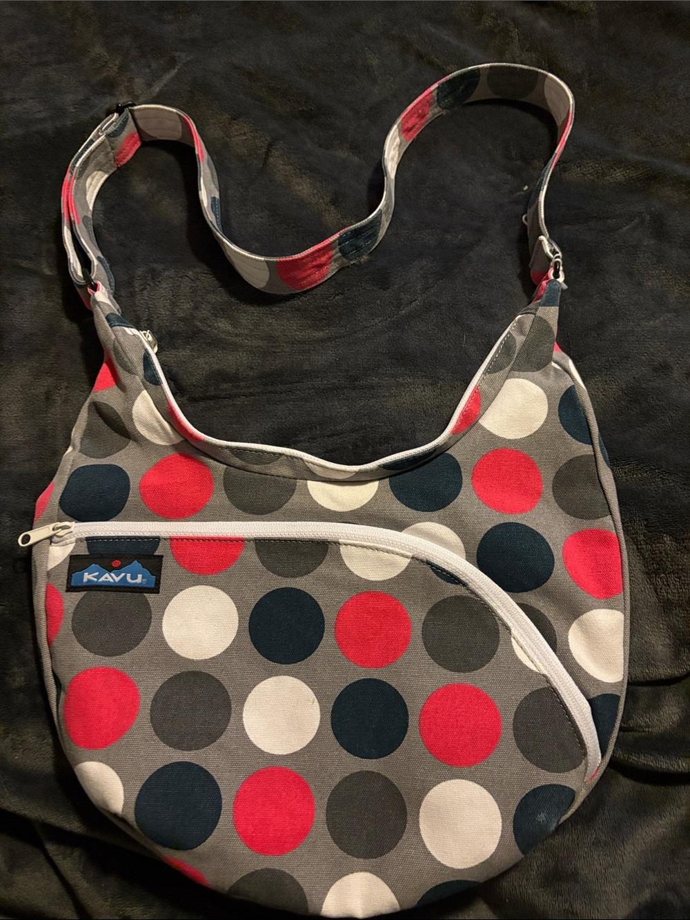 Kavu Gray Crossbody Bag with Red, Navy and White Polka Dots